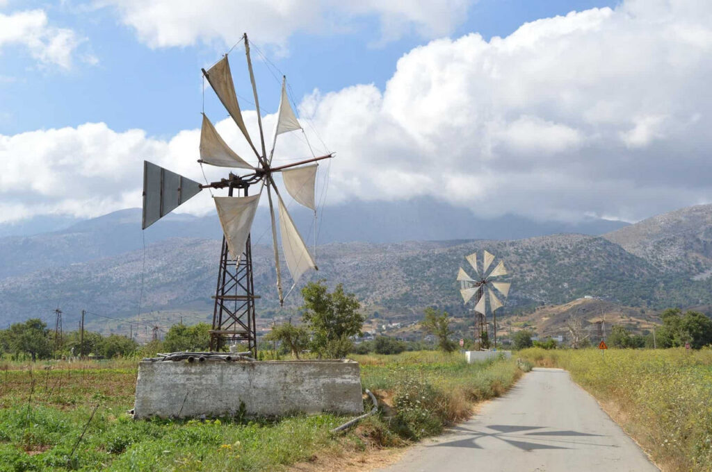 windmills at lassithi plateau in crete